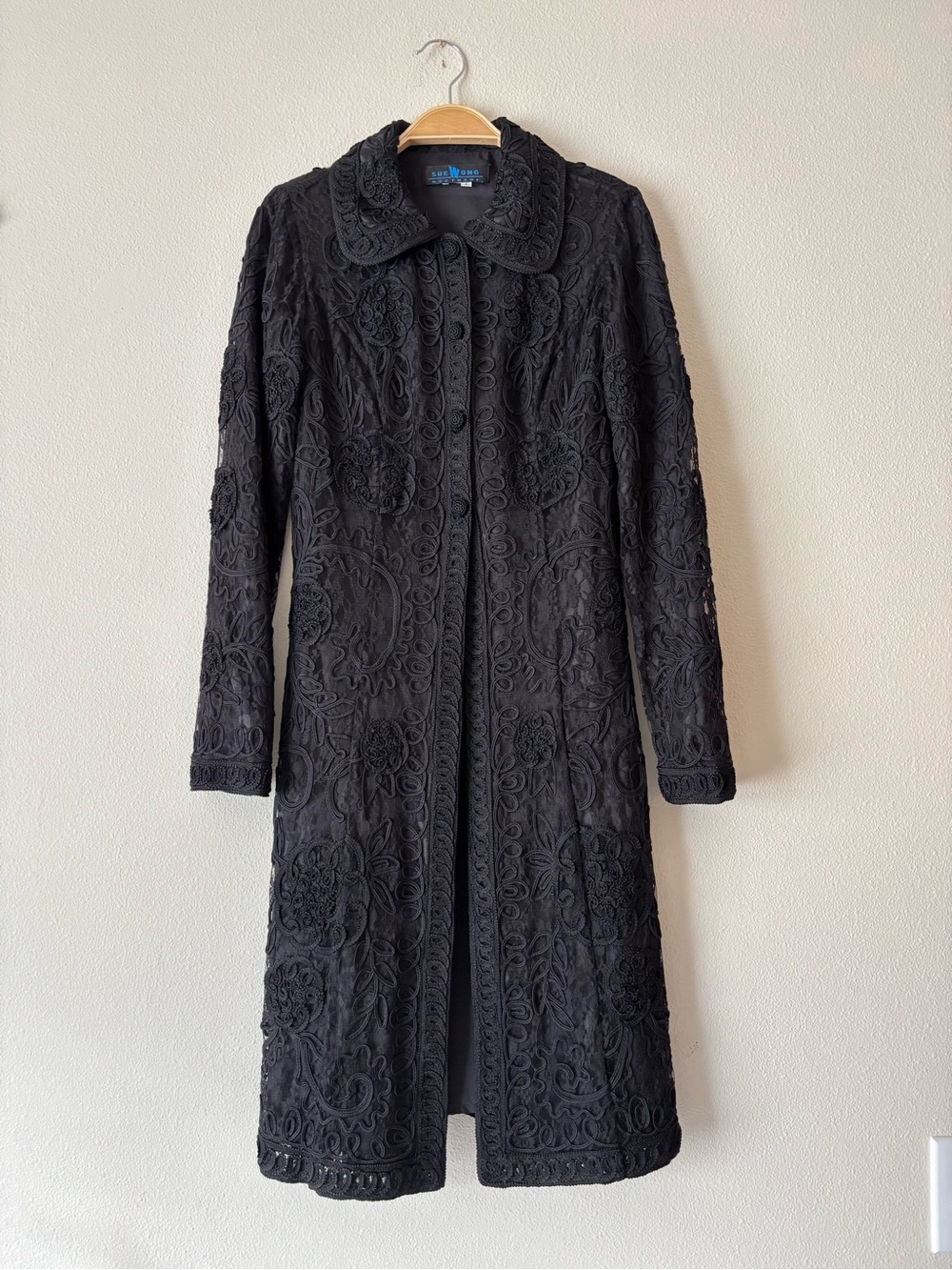 Sue Wong Vintage Black Embroidered Long Trench Coat Size 4